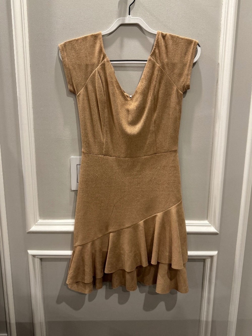 AQUA Faux Suede Ruffled V-Neck Fit & Flare Dress Brown Camel S